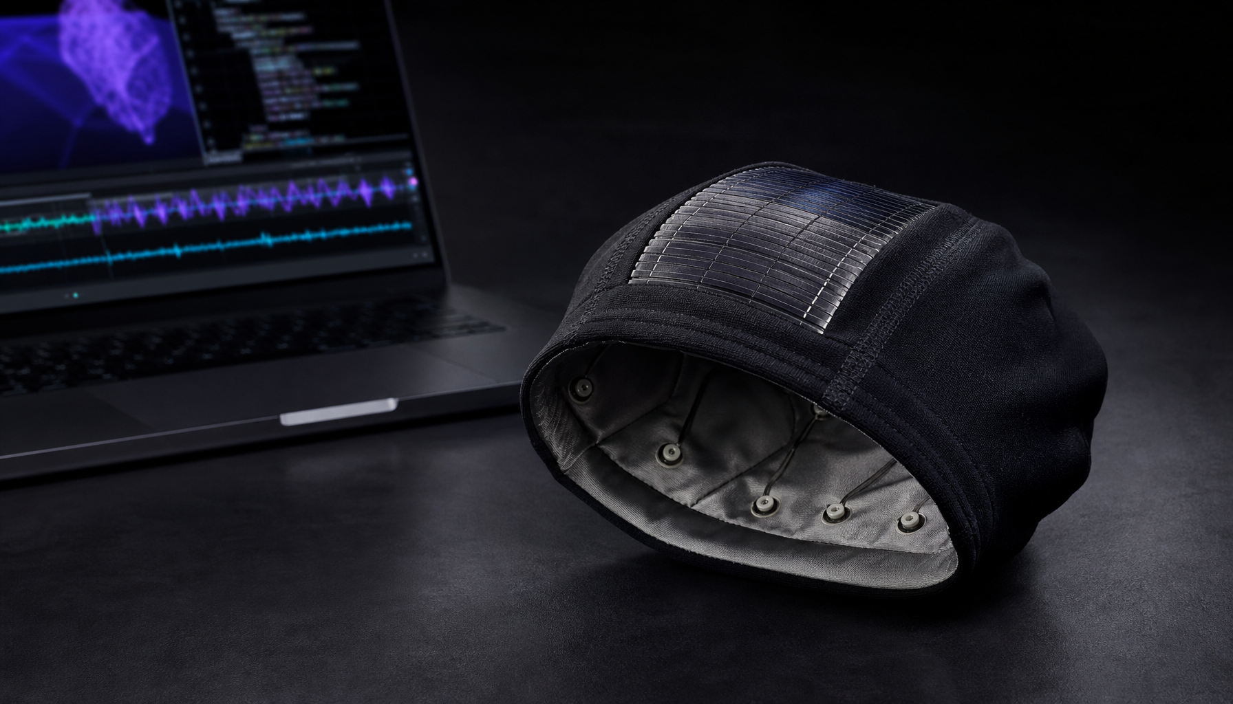 Black EEG beanie with a flexible solar panel and silver sensor lining beside a laptop showing signal traces